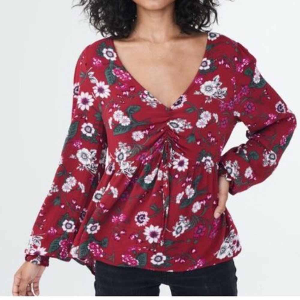Red Floral Long Sleeve Peasant Blouse